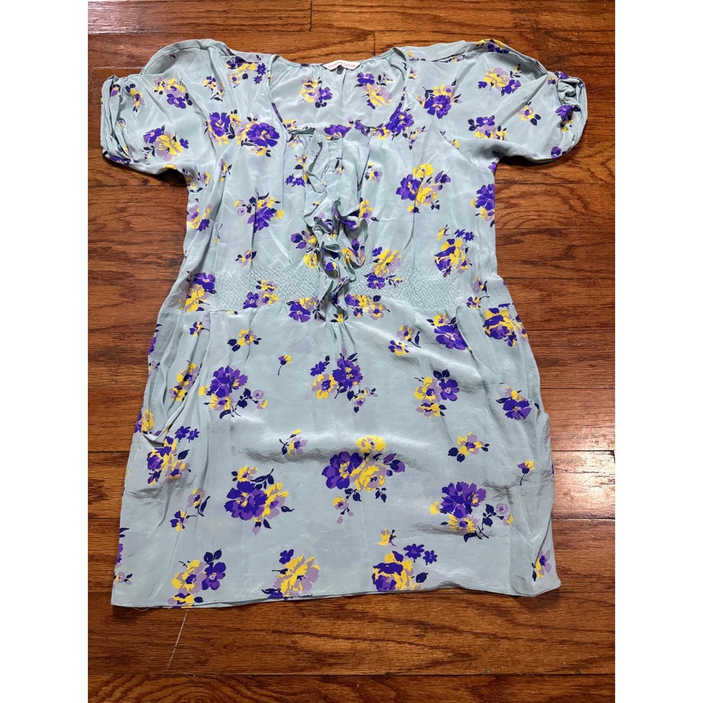 Rebecca Taylor Silk Floral Mini Dress Blue Purple Yellow Ruffle Smocked Size 8
